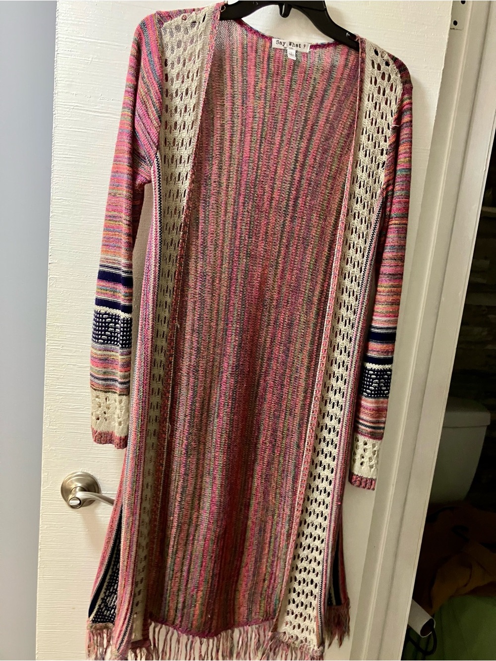 Say What? Boho Pink Multi-Stripe Open Front Crochet Trim and bottom fringe Cardi
